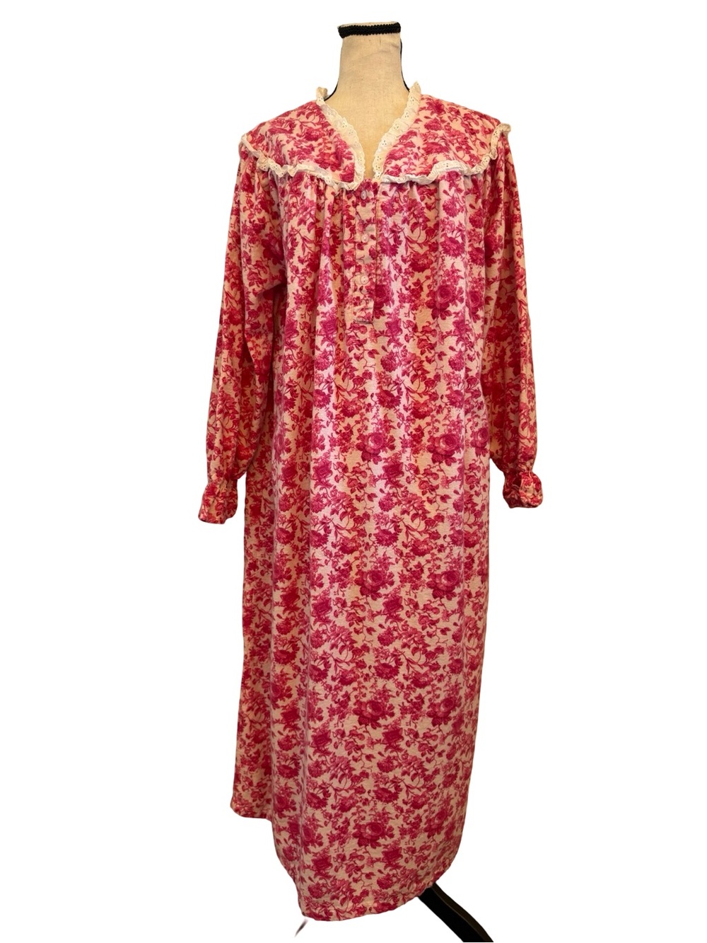 Anthony Richards Pink Floral Cotton Nightgown XL Vintage Cottagecore Lace Trim